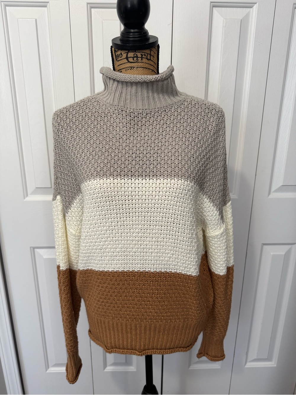 Gray, Cream, & Tan Colorblock Turtleneck Sweater